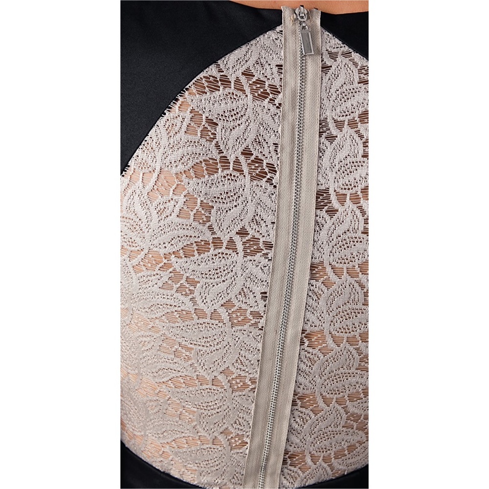 Black Halo Contrast Lace Inset Satin Sheath Dress - Picture 7 of 11